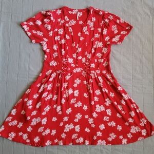 Free People Women's Dress Red Floral Corset Style Button Lace Up Mini Boho  Sz 8